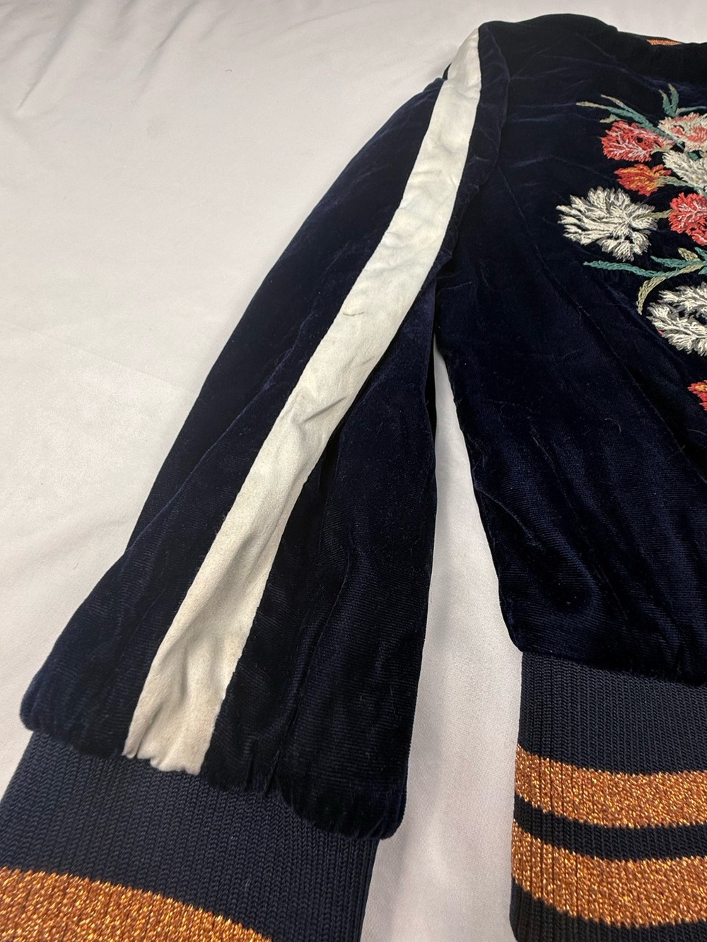 Zara Navy Velvet Bomber Jacket with White Sleeve Stripe & Floral Embroidery